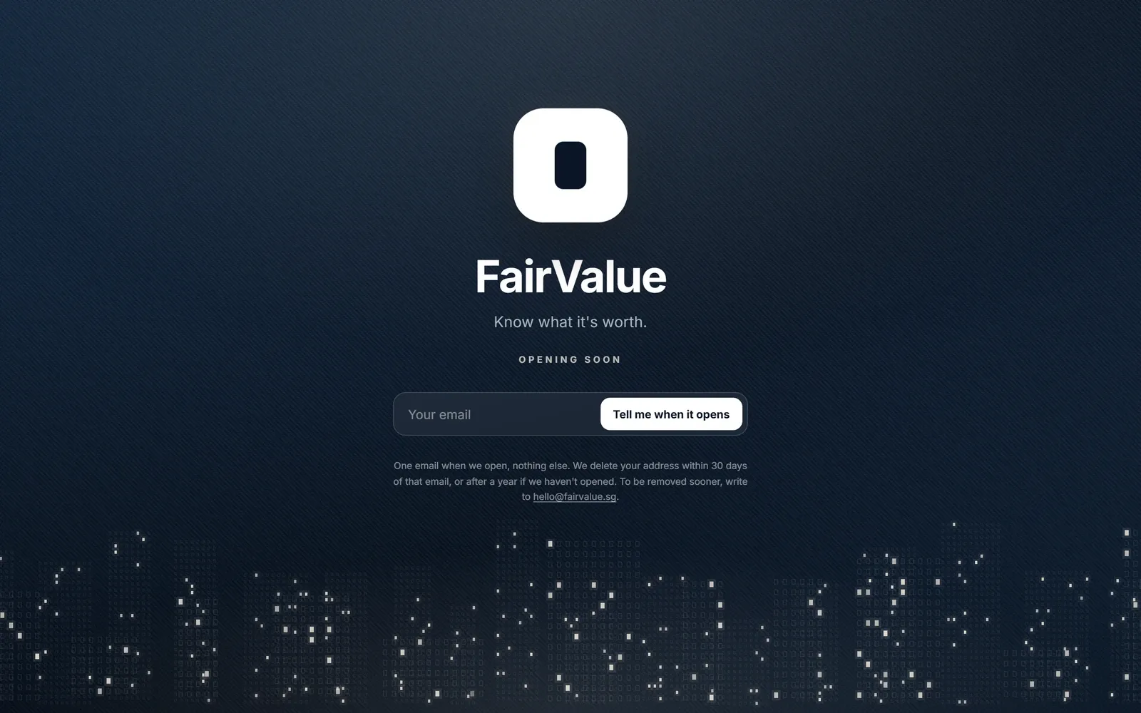 The FairValue holding page: Know what it is worth. Opening soon, with an email sign-up.